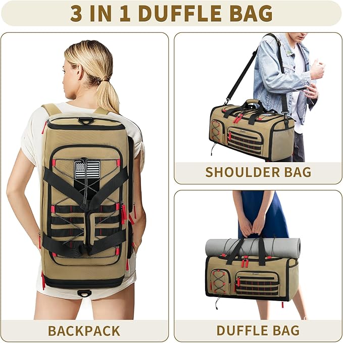 Bosstin Gym Bag for Men & Women,45L Travel Duffle Sports Duffel Bag Gym Weekender Overnight Backpack with Shoe Compartment (Khaki)