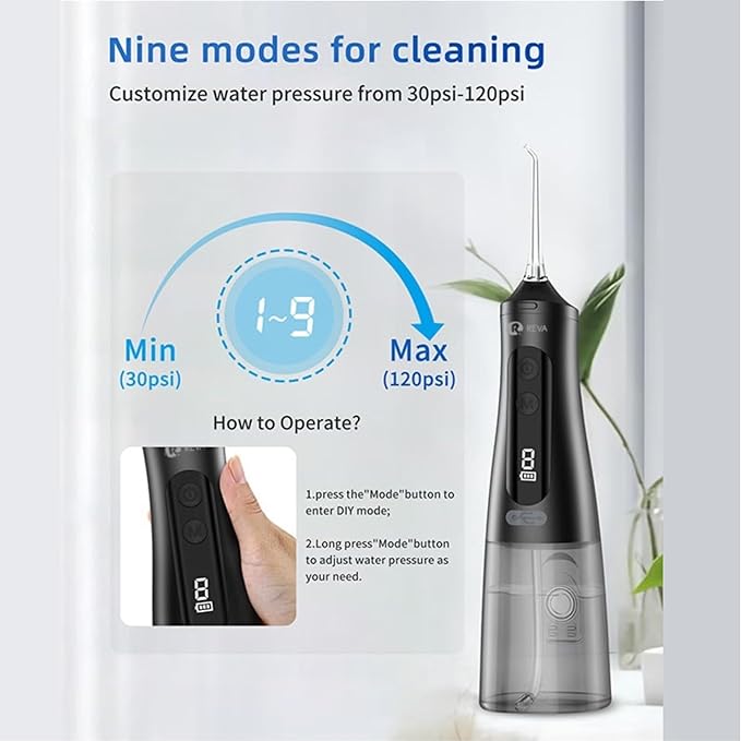 Reva Professional Water Dental Flosser for Teeth & Braces - 9 Modes Cordless Oral Irrigator, 350ML Large Reservoir, 360° Nozzle, IPX7 Waterproof, Rechargeable, Dental Floss Tool (M131 - Black)