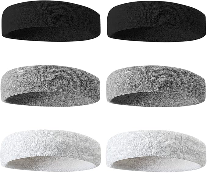 BEACE Sweatbands Sports Headband for Men & Women - 6PCS Moisture Wicking Athletic Cotton Terry Cloth Sweatband for Tennis, Basketball, Running, Gym, Working Out