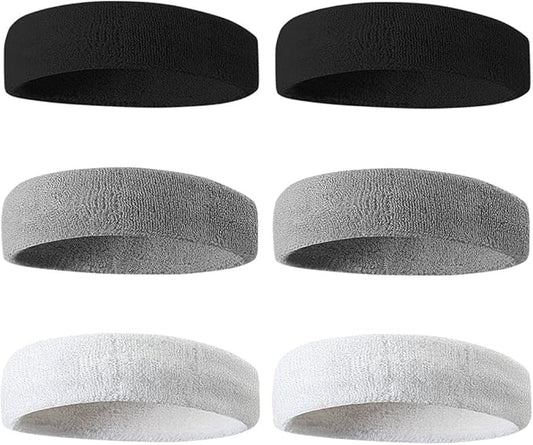 BEACE Sweatbands Sports Headband for Men & Women - 6PCS Moisture Wicking Athletic Cotton Terry Cloth Sweatband for Tennis, Basketball, Running, Gym, Working Out