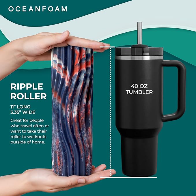 Oceanfoam Ripple Travel Foam Roller (11" x 3.35") Firm Mini Foam Roller for Physical Therapy, Deep Tissue Massage, Back Pain - High Density, Wave Textured - Yoga (Red, Dark Navy & Natural Marbled)