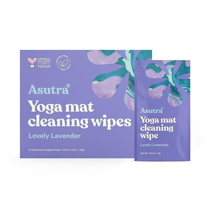 ASUTRA Yoga Mat Wipes (Lovely Lavender), Individually Wrapped Wipes 1 Box (30 Wipes)- No Slippery Residue, Deep-Cleansing for Fitness Gear & Gym Equipment