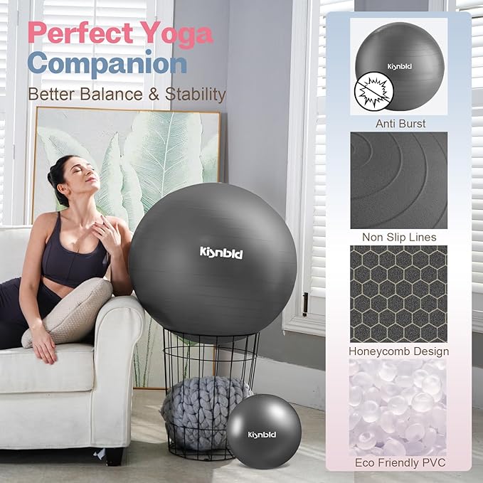 Exercise Ball, Extra Thick Yoga Ball for Workout Pregnancy Stability, 4 Sizes Anti-Burst Balance Ball with Foot Pump - Heavy Duty Fitness Ball Chair for Office, Home & Gym