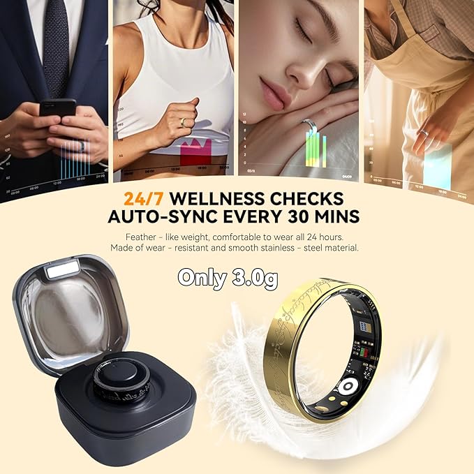 Ultra Smart Ring for Women Men,Health Fitness Tracker with Sleep/Blood Pressure/Oxygen Monitoring, Heart Rate & Activity Tracking,IP68 Waterproof, 5+Day Battery,No Subscription Fee 1-Gold 11 FRAY