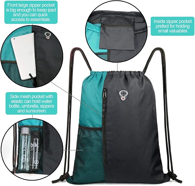 Drawstring Backpack Sports Gym Bag for Women Men Large Lightweight Backpack with Zipper and Water Bottle Mesh Pockets (Black/Teal)
