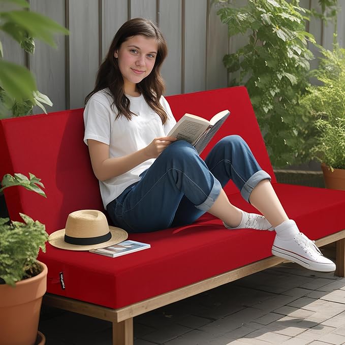 idee-home Outdoor Bench Cushion Waterproof, Bench Cushions for Outdoor Furniture, Patio Porch Swing Replacement Seat Pad with Ties for Garden Backyard, 48 x 18 Inch Red