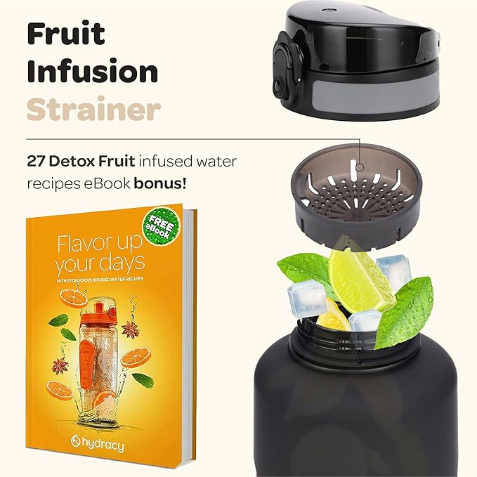 Hydracy Water Bottle with Time Marker -Large BPA Free Water Bottle & No Sweat Sleeve -Leak Proof Gym Bottle with Fruit Infuser Strainer & Times to Drink -Ideal for Fitness Sports & Outdoors