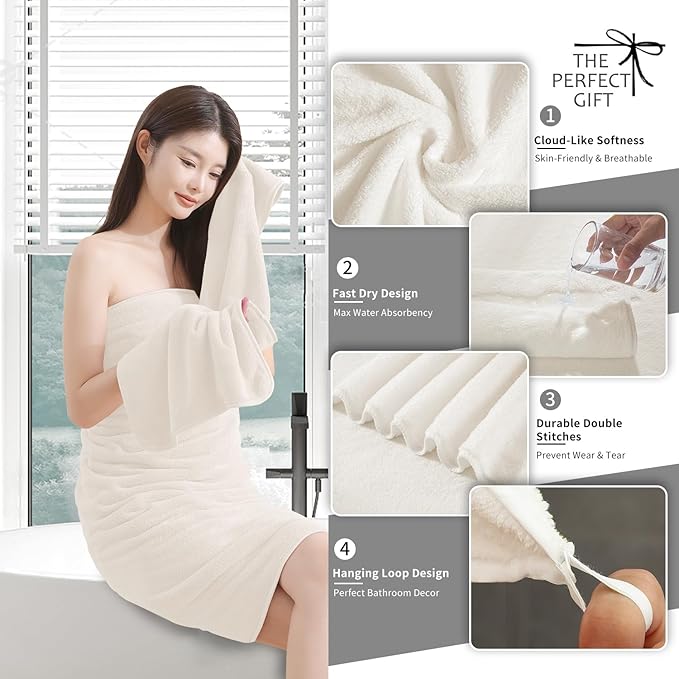 Extra Large Bath Sheet 4 Piece (35"x70")-Ultra Soft Oversized Bath Towel,Bath Sheet Towel Set for Bathroom Hotel,Plush Highly Absorbent Quick Dry Shower Towel Set for Adults,Bathroom Towel-Cream