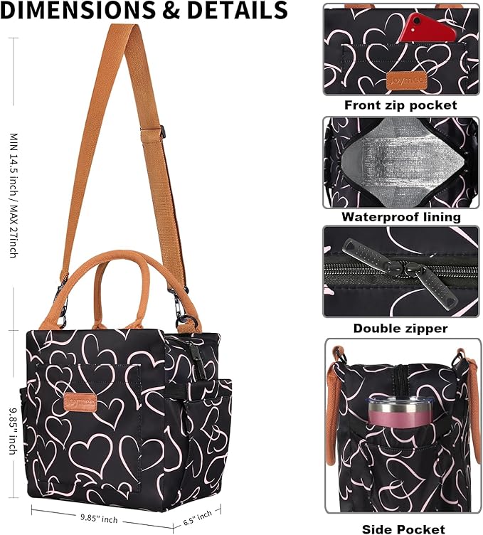 Joymee Lunch Bag Women Insulated Lunch Box with Adjustable Shoulder Strap Large Reusable Leakproof Spacious Cooler Tote for Women Men Adult with Bottle Holder and Side Pockets - Love Heart
