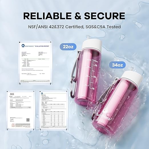 Survimate 5-Stage 0.01μm Ultra-Filtration Filtered Water Bottle, BPA-Free Material, NSF/ANSI 42&372 Certified, Portable Water Filter Bottle for Survival, Camping, Hiking, and Emergency Use