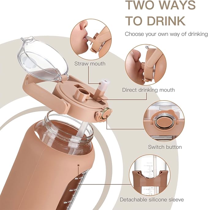 42oz/52oz/64oz Glass Water Bolttles with Straw Half Gallon Large Motivational Water Bottle with Time Marker Sports Water Bottles with Silicone Sleeve and Handle Lid Water Jug for Gym Workout