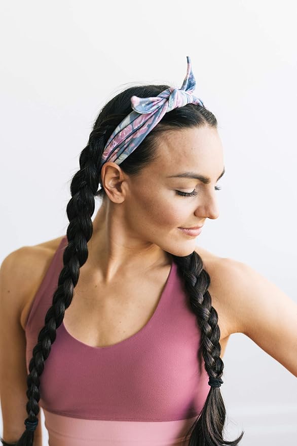 Maven Thread Women's Wide Bow Headbands – 2-Pack No-Slip, Sweat-Wicking Stretchy Hairbands for Yoga, Running, Exercise & Gym (Navy Floral & Stripes)