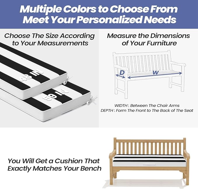 Crestlive Products Outdoor Bench Cushion 42 x 18 Inch, Waterproof Patio Bench Cushions for Outdoor Furniture, Porch Swing Replacement Pad with 30D Foam, Adjustable Straps, Black White Stripe
