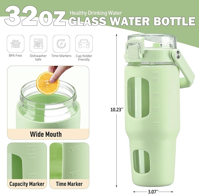 BLUEGO 32oz Glass Water Bottle with Handle and Straw|Leakproof Sports Glass Bottle with Time Marker and Silicone Sleeve|Glass Drinking Bottle for Travel, Gym, Workout, Green