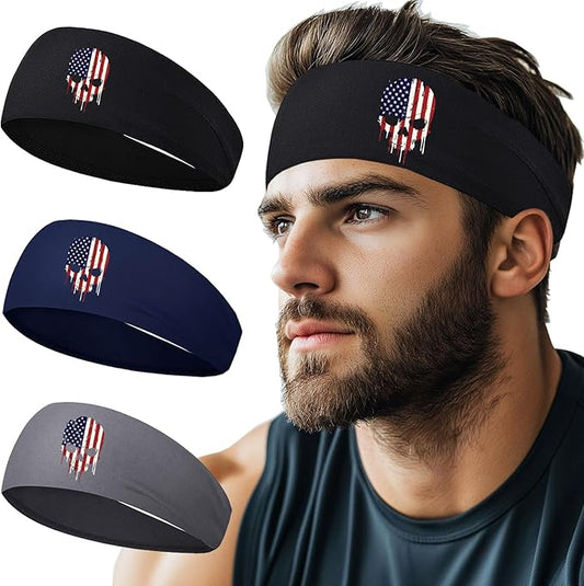 Headbands for Men 3 Pack Sport Sweat Bands Headbands Men Skull Finger Workout Sweatbands for Mens Women Head Bands Cooling Running Men's Hairband Headband