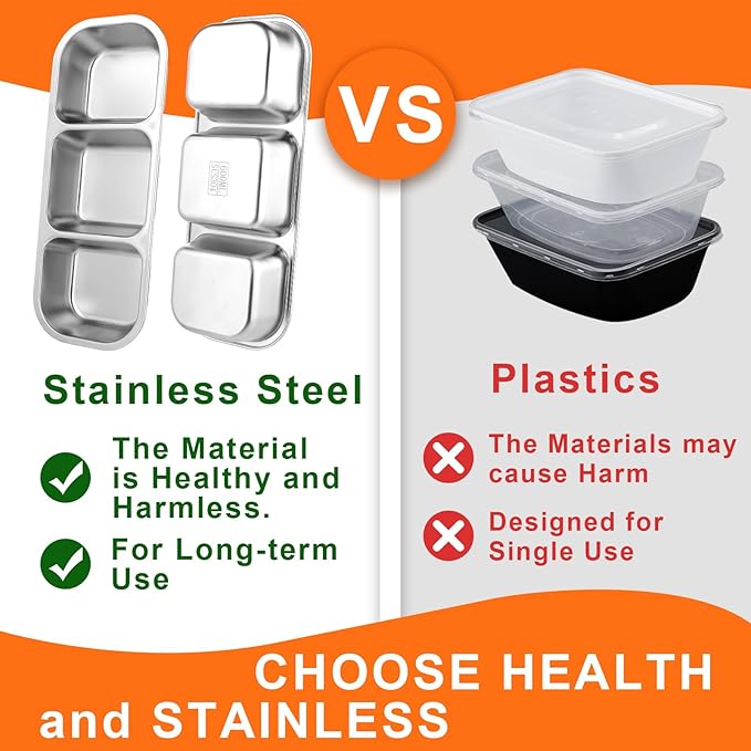 4 Pack Stainless Steel Snack Containers, 3 Compartment Food Container, Compartment Food Storage Box with Lids, Stackable Leakproof Divided Lunch Containers for Kids, Adults for School, Work, Travel