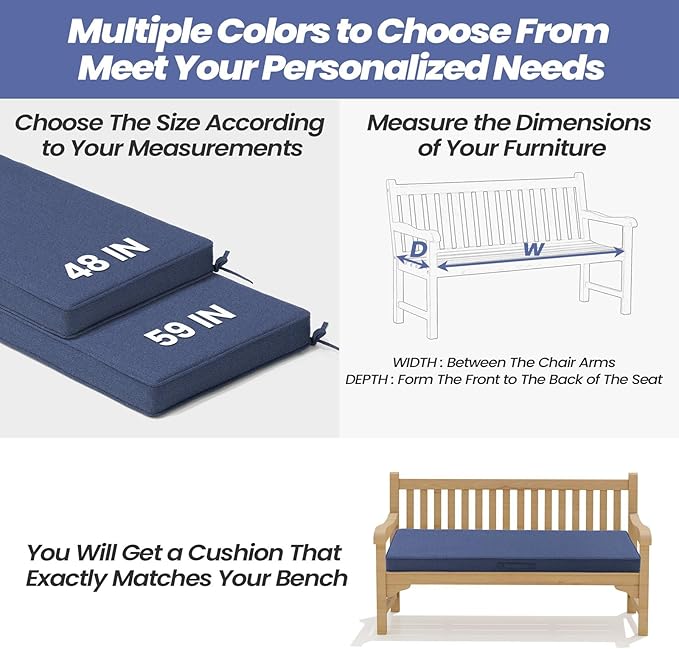 Crestlive Outdoor Bench Cushion 48 x 18 Inch, Waterproof Patio Bench Cushions for Outdoor Furniture, Porch Swing Replacement Pad with 30D Foam, Adjustable Straps and Portable, Sky
