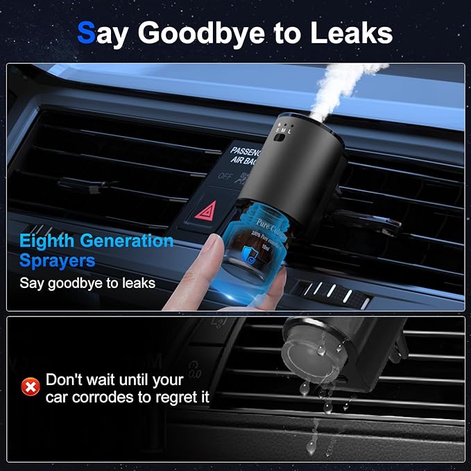 Car Air Freshener, Smart Car Air Freshener, Diffuser Suitable for Vent Clips, Auto On/Off, Three Adjustable Modes, 5 Scents, 10 Refill Bottles (2Pack)