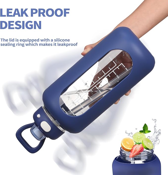 SIEROZUR 42 oz Glass Water Bottle with Straw and Handle, Large Sports Motivational Water Bottle Flask with Time Marker Leakproof Water Jug with Silicone Sleeve for Gym