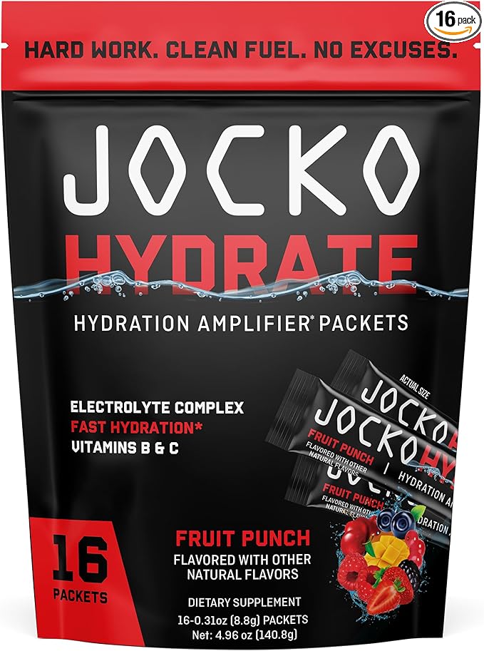 Jocko Fuel Hydrate Electrolytes Powder Packets Low Sugar - Hydration Amplifier Packets for Recovery, Dehydration, & Exercise - with Vitamins B6, B12 & C (16 Packets) Fruit Punch