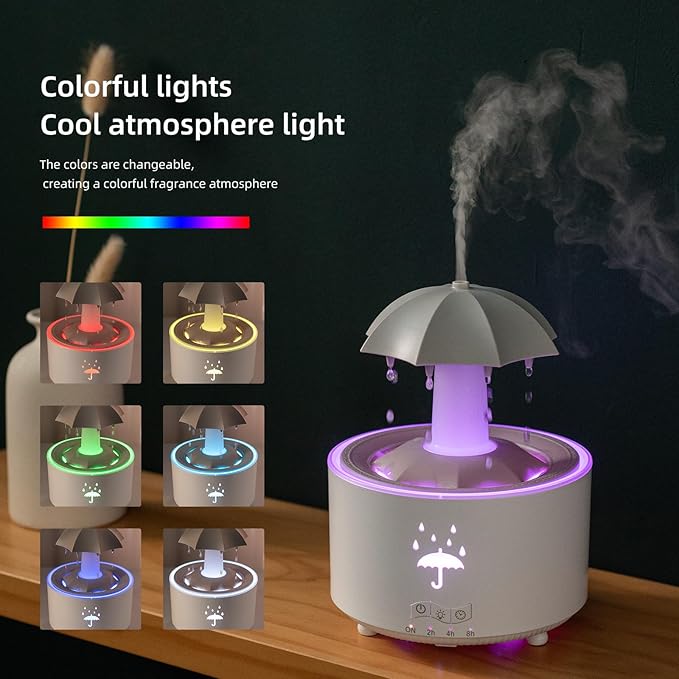 Rain Umbrella Humidifier,Essential Oil Aroma Diffuser with Soothing Rain Sounds,Water Drip Effect,7 Colors Mood Lights,Remote Control, Timer and Auto-Off, Raindrops Relaxing Sound for Deep Sleep