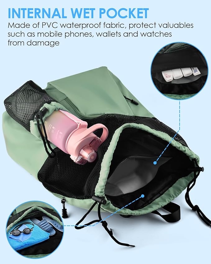 BROTOU Swim Bag Beach Backpack with Wet Pocket Mesh Drawstring Bags for Swimming, Gym