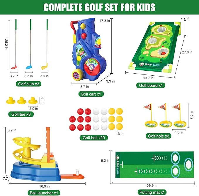 Toddler Golf Clubs Set for Ages 3 4 5 6 7 Years Old, 2 in 1 Kids Golf Clubs Toy with Golf Cart, Ball Launcher, 20 Balls, Golf Board, Putting Mat - Indoor Outdoor Mini Golf Set Sport Toys