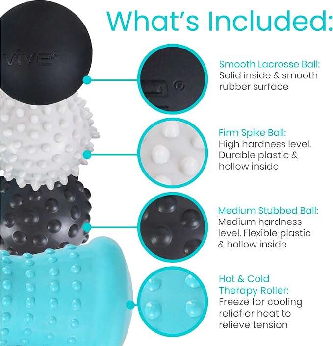 Vive Massage Ball Set (4 Piece) - Plantar Fasciitis Relief Foot Pain Hot Cold Therapy - Heel Spur, Sore Muscle, Trigger Point, Back, Arm, Neck, Shoulder, Leg Circulation Roller