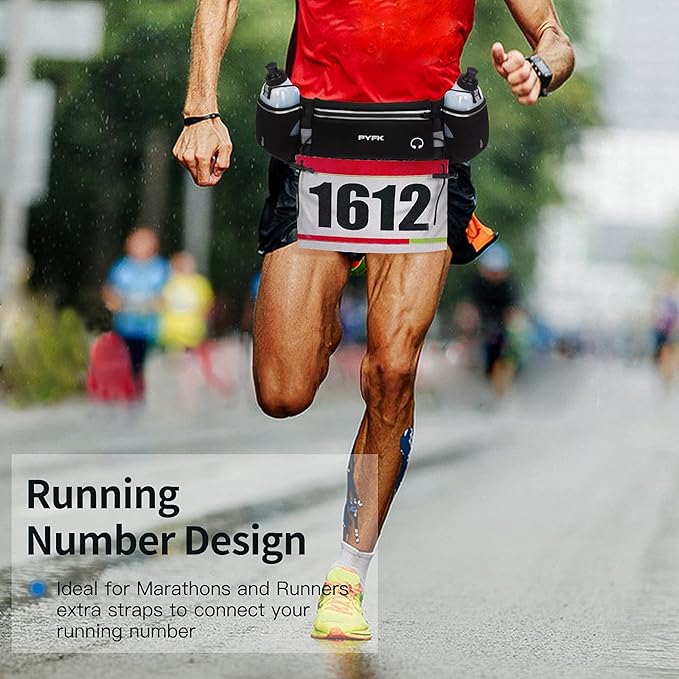 PYFK Running Belt with Water Bottles, Hydration Belt for Men and Women, Water Bottle Holder Running Pouch Water Belt, Fanny Pack Fits 7 inches Phones, Waist pack for Runner Jogging