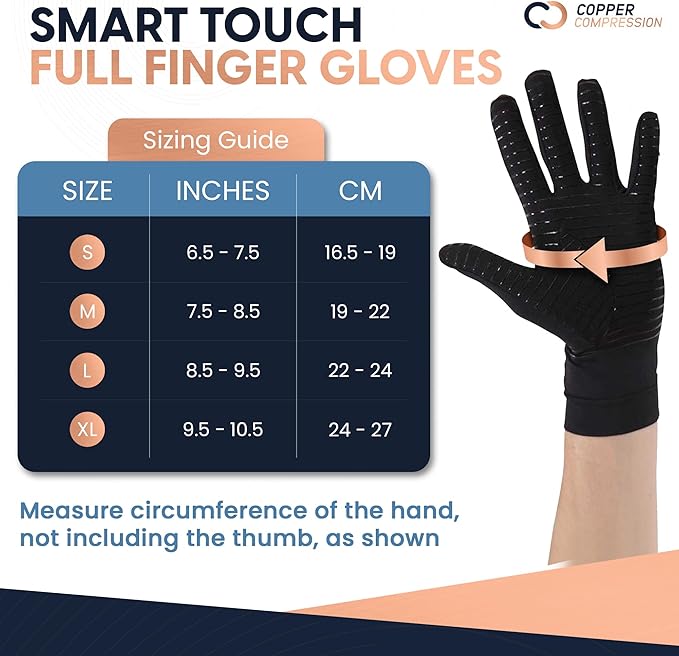 Copper Compression Full Finger Arthritis Gloves - Palm Grips - Touch Screen Fingertips - Compression Support for Carpal Tunnel, Pain Relief, Tendonitis - Fits Men & Women - 1 Pair - XL