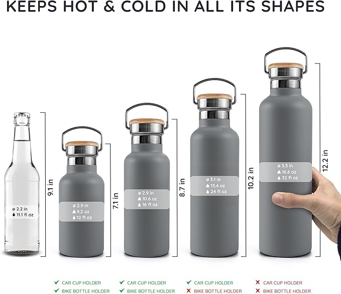 Bambaw Vacuum Insulated Water Bottle 12 oz, Gray Insulated Water Bottle with Handle, Stainless Steel Water Bottle, Reusable Metal Water Bottle No Straw – Stormy Gray