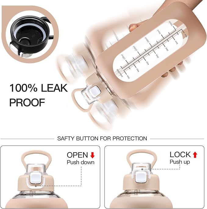 64 oz Glass Water Bolttles with Straw Half Gallon Large Motivational Water Bottle with Time Marker Sports Water Bottles with Silicone Sleeve and Handle Lid Water Jug for Gym Workout