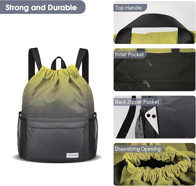 Drawstring Backpack Sports Gym Sackpack with Mesh Pockets Water-Resistant String Cinch Beach Bag for Men Women(Yellow Black)