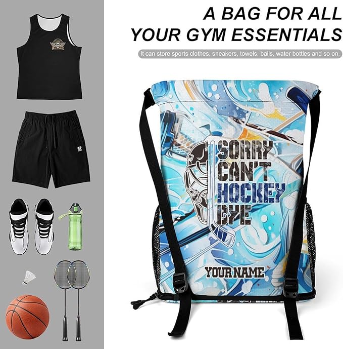 Custom Hockey Drawstring Backpack - Cool Cinch Sack, String Backpacks with Pocket for Kids Women Men Boys Girls for Gym Outdoor Sports Travel Athletic Drawstring Bag - Lightweight/Foldable