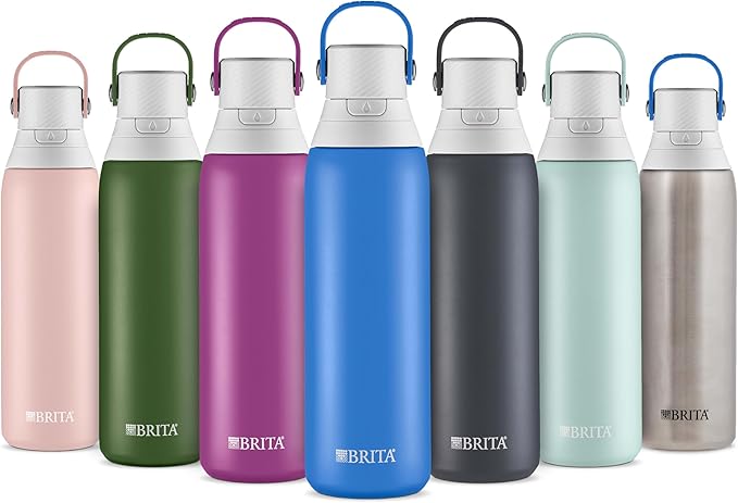Brita Stainless Steel Premium Filtering Water Bottle, BPA-Free, Reusable, Insulated, Replaces 300 Plastic Water Bottles, Filter Lasts 2 Months or 40 Gallons, Includes 1 Filter, Glacier - 20 oz.