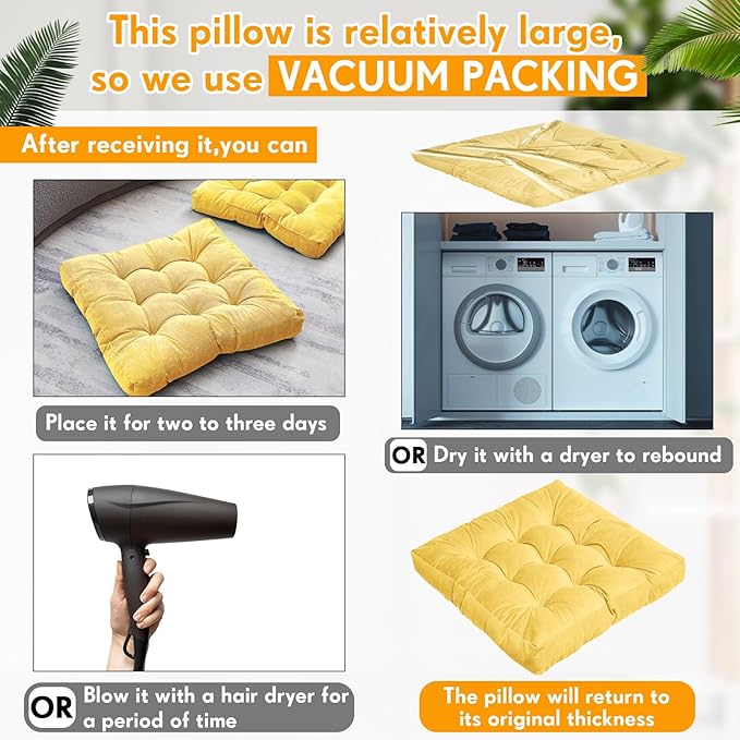 Jerify Floor Pillow Cushions 22 x 22 Inch Round Square Large Meditation Floor Pillow for Classroom Adult Meditation Picnic Party Cushion for Seating Gift Christmas(Square,Yellow,4 Pcs)