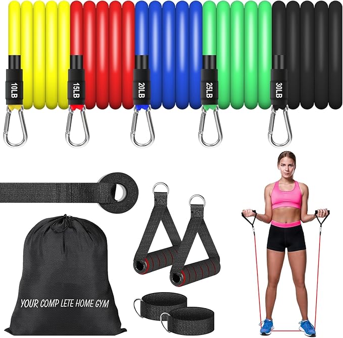Resistance Bands Set, Workout Bands with Handles, Door Anchor, Ankle Straps and Carry Bag, Exercise Bands for Shape Body and Home Workouts