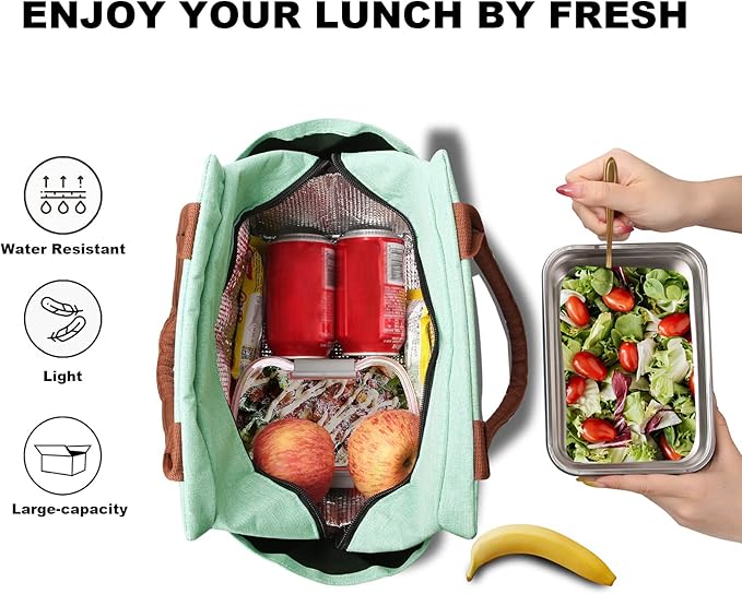 Joymee Lunch Bag Women Insulated Lunch Box Reusable Leakproof Large Spacious Tote for Women Men Adult with Bottle Holder and Side Pockets for Work Picnic Travel - Heather Teal