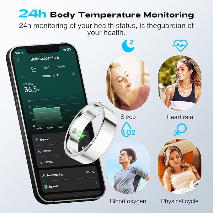Smart Ring for Men Women - 5ATM Waterproof Health Fitness Tracker with Body Temperature Measurement, Heart Rate, Blood Oxygen, Sleep Monitoring, Step Counting for iOS and Android, No Subscription Fee