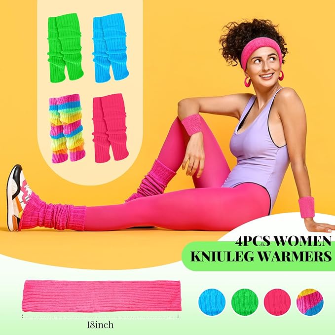 Haysandy 4 Sets 80s 90s Leg Warmers Set for Women Costume Neon Headband Rainbow Wristbands for Sport Yoga Workout Clothes