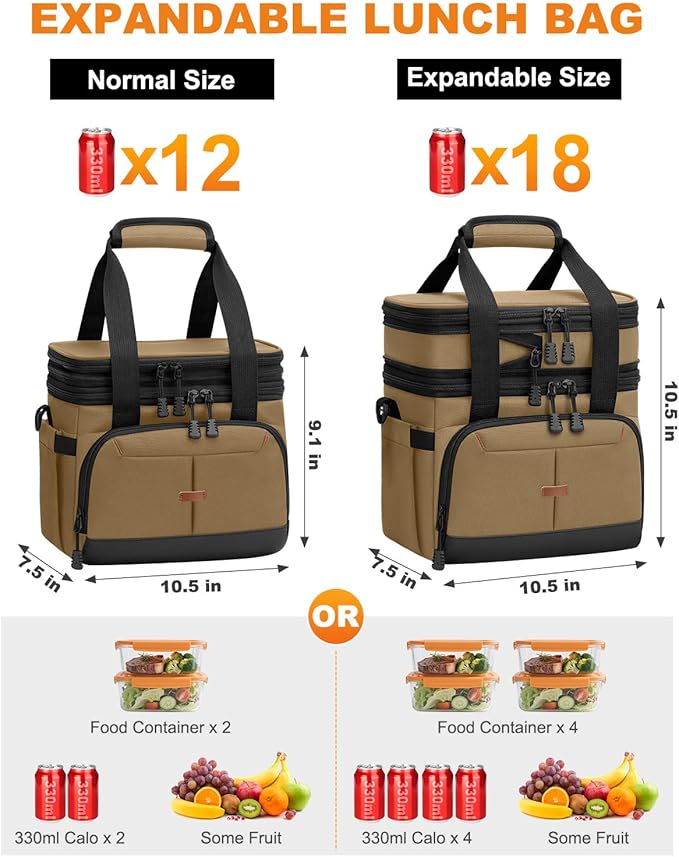 Lunch Box For Men Women Double Deck Insulated Lunch Bag For Men Woman Leakproof Expandable Cooler Bag with Adjustable Shoulder Strap for Work Picnic School(Khaki,Medium)