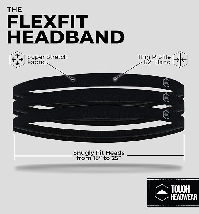 Tough Headwear Thin Elastic Headbands for Men - Sports Hair Head Band for Women & Men - Non Slip Mens Workout Headband - Running or Soccer Headband - 6-Pack