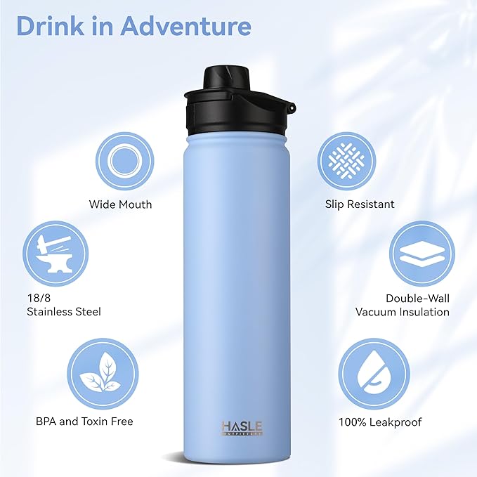 HASLE OUTFITTERS Insulated Water Bottle 22 oz Double Wall Stainless Steel Water Bottle Wide Mouth with Straw Lid & Spout Lid Keeps Cold or Hot(Blue,4)
