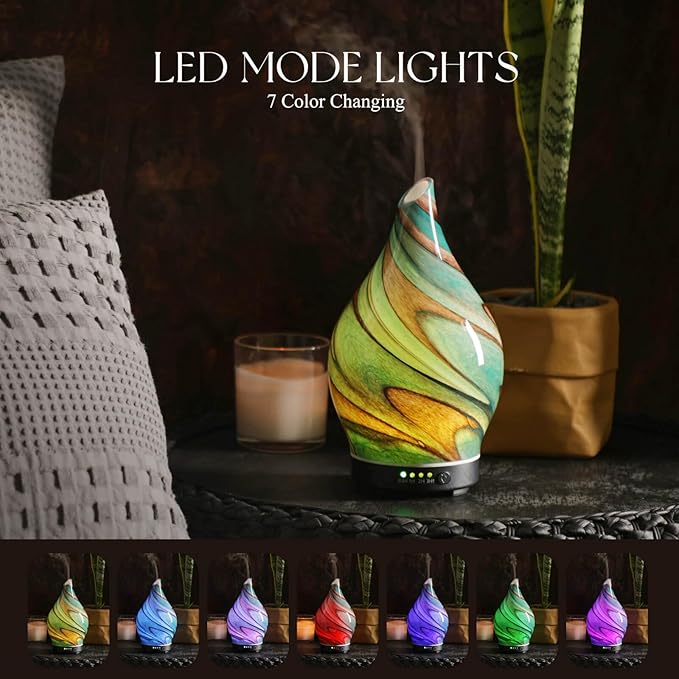 Porseme 150ml Essential Oil Diffuser Glass Color Changing Aroma Air Diffusers Aromatherapy Ultrasonic Cool Mist Humidifier 4 Running Hours Waterless Auto-Off for Sleeping Yoga Office Spa (Teal Green)