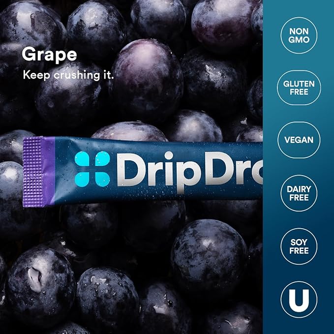 DripDrop Hydration Packets - Grape - Single Serve Electrolytes Powder Drink Mix - Non-GMO, Gluten Free, Vegan - 32 Sticks