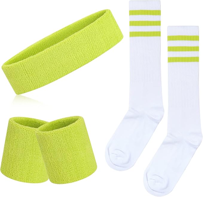 ONUPGO 5 Pieces Sweatbands Striped Socks Set Sports Headband Wristbands High Tube Socks 80s Accessories Costumes