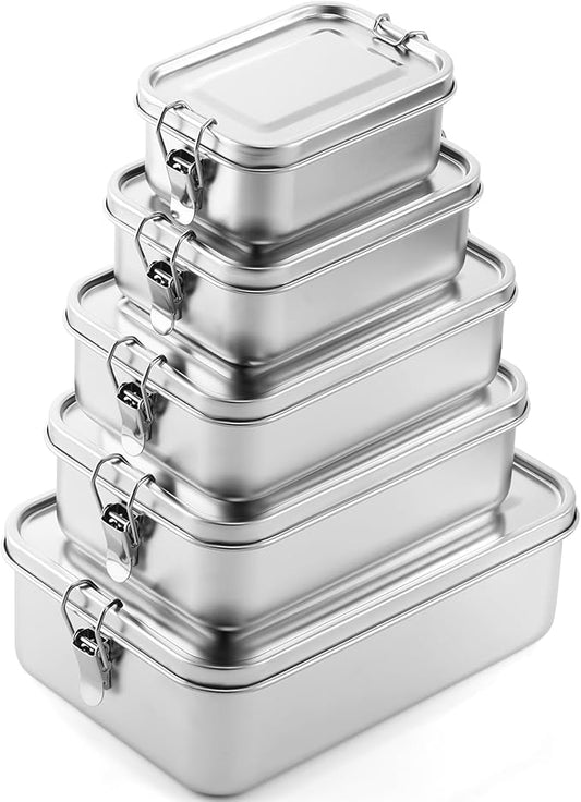 Umigy 5 Pcs Stainless Steel Food Containers Metal Bento Lunch Box Stainless Steel Food Storage Containers, Lockable Clips to Leak Proof, Reusable Dishwasher Snack Boxes for Work, Picnic (5 Sizes)