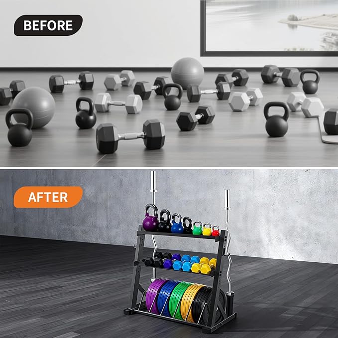 3 Tier Barbell Storage Racks,1000 LBS Capacity Adjustable Weight Rack for Dumbbell, Kettlebell, Barbell Bar(Q235 Carbon Steel)