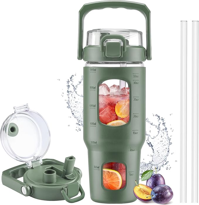 BLUEGO 32oz Glass Tumbler with Lid and Handle, Iced Coffee Cup with Straws, Glass Water Bottle with Silicone Sleeve and Volume, Marker Glass Cup with Time Marking, BPA Free, Olive