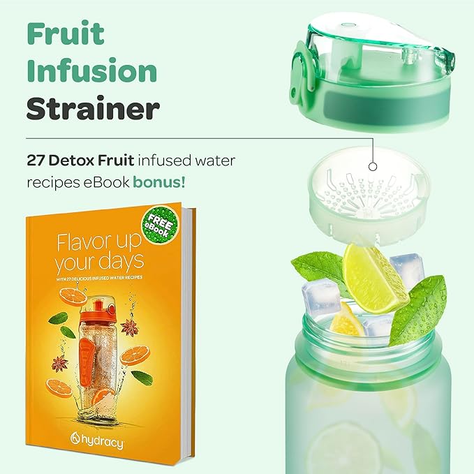 Hydracy Water Bottle with Time Marker -Large BPA Free Water Bottle & No Sweat Sleeve -Leak Proof Gym Bottle with Fruit Infuser Strainer & Times to Drink -Ideal for Fitness Sports & Outdoors